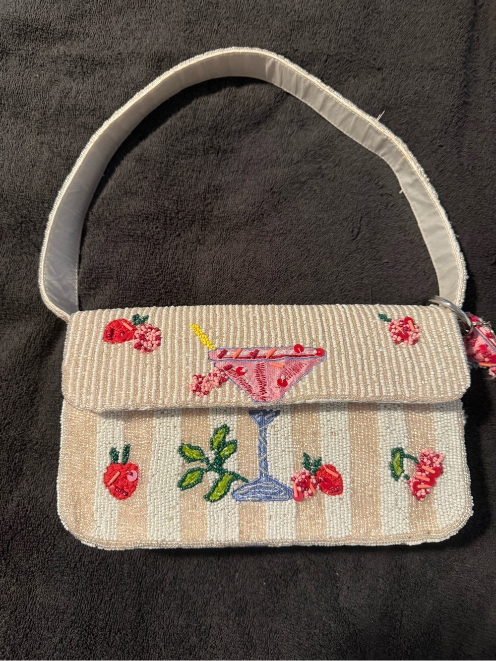 Embroidered Beaded Mini Shoulder Bag in Cream and Pink